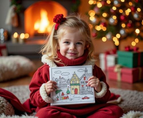 benefits of colouring for children illustrated as a young child lifts up her colouring to show her parents