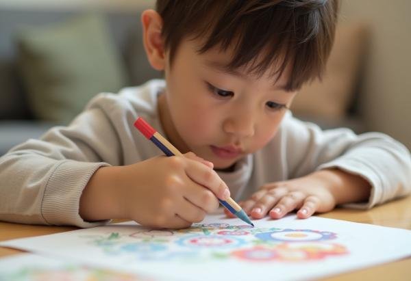 a young boy is colouring in which increases his focus and concentration 