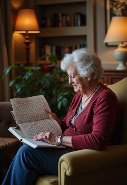 senior lady relaxing while engaging with a mindful activity book  