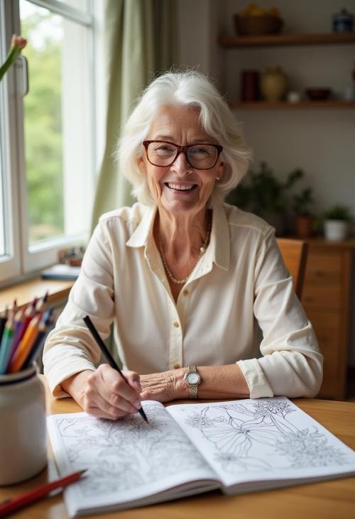 senior citizen relaxing and de stressing while colouring in