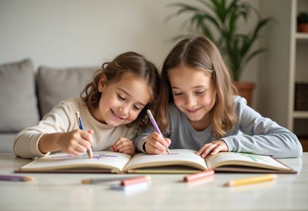 two children having fun while engaging with a mindful activity book colouring in sitting at a table 