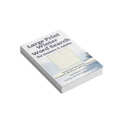 large print word search puzzle with calming winter theme as a way to mindfully relax
