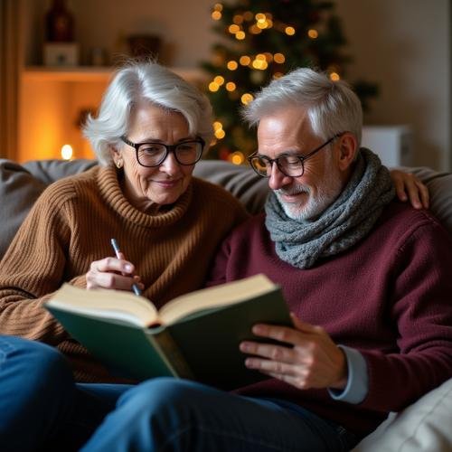 senior couple relaxing at home during winter enjoying brain games from a book